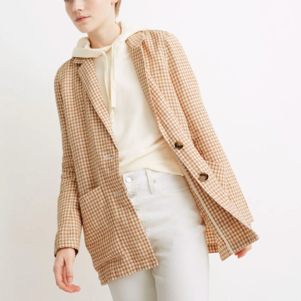 Madewell | Oversized Linen Gingham Blazer "Dorset" in Tan & White Plaid Size XXS